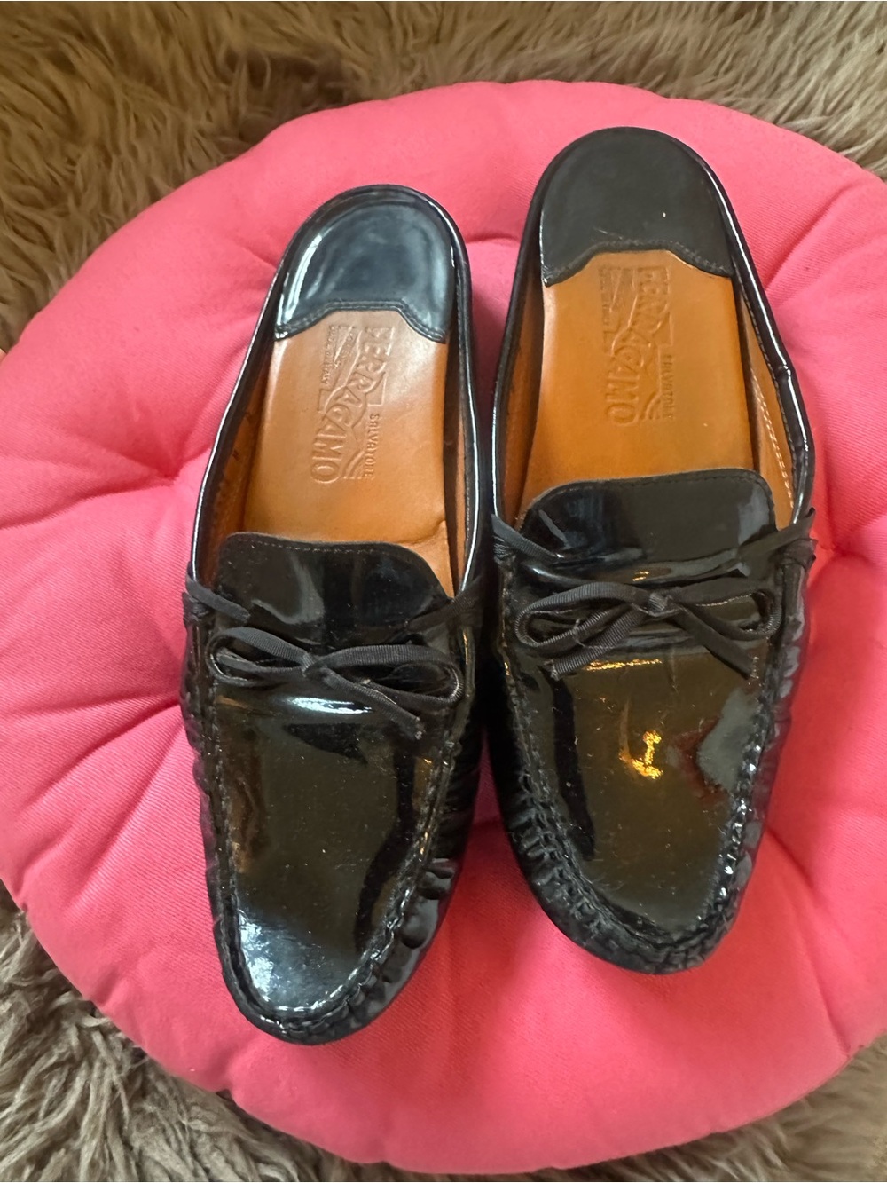 Ferragamo Black Patent Leather Mules Slides Driving Moccasins Size 8 B
